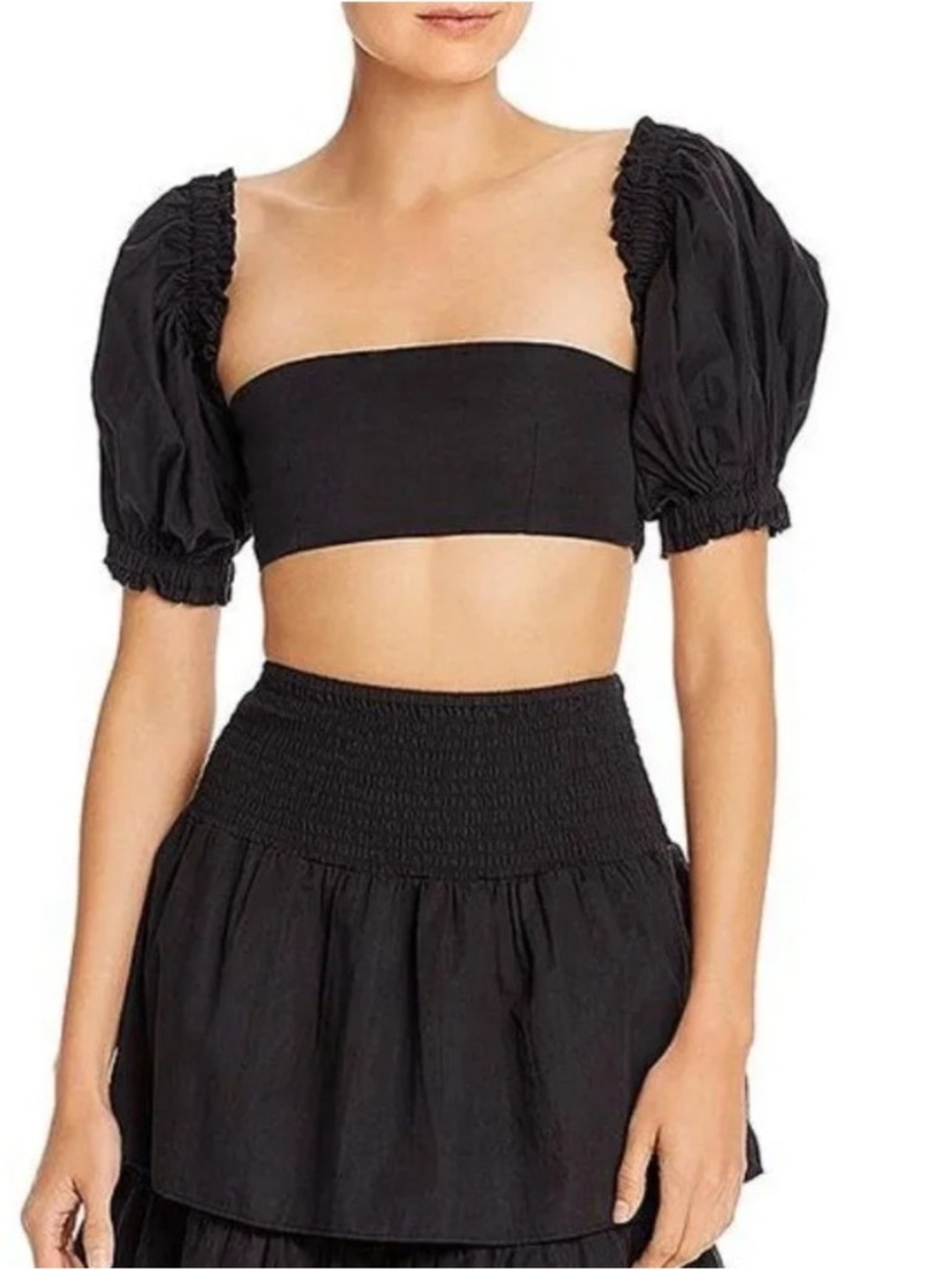 WeWoreWhat Black Puff Sleeve Bandeau Crop Top
